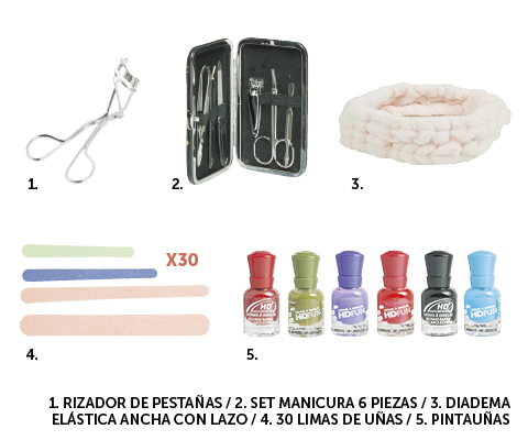 Rizador pestañas, manicura, diadema, limas de uñas, pintauñas